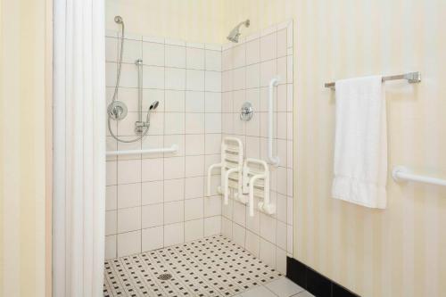 金斯堡塞尔玛金斯堡万豪费尔菲尔德客栈的浴室铺有黑白地板,设有淋浴。