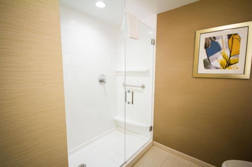 布赖顿Fairfield Inn & Suites by Marriott Denver Northeast/Brighton的带淋浴的浴室和玻璃门