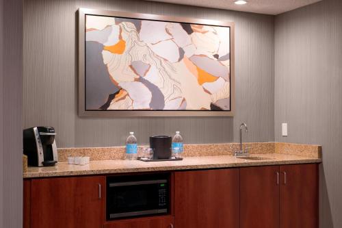 丹佛丹佛机场万怡酒店的厨房配有微波炉和水槽,墙上挂着画。