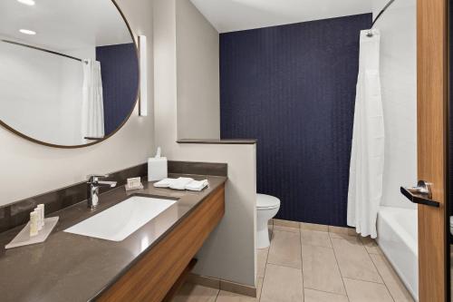 德卢斯Fairfield by Marriott Inn & Suites Duluth的一间带水槽、卫生间和镜子的浴室