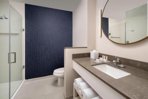 梅泰里Fairfield Inn & Suites by Marriott New Orleans Metairie的一间带水槽、卫生间和镜子的浴室