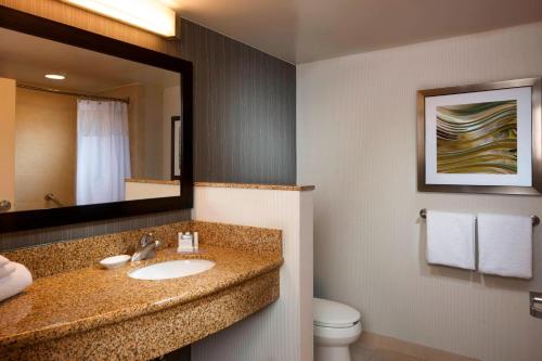 杰克逊杰克逊万怡酒店的一间带水槽、镜子和卫生间的浴室