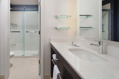 南派恩斯南派恩斯派恩赫斯特原住客栈的白色的浴室设有水槽和淋浴。