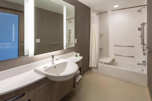 梅普尔格罗夫SpringHill Suites Minneapolis Maple Grove/Arbor Lakes的一间带水槽、浴缸和镜子的浴室