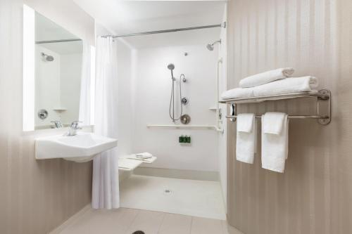 弗雷斯诺弗雷斯诺春季山丘套房酒店的白色的浴室设有水槽和淋浴。