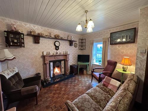 LubhaidhMemory Lane Farmhouse Carlingford的带沙发和壁炉的客厅