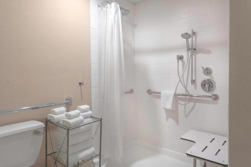 圣安东尼奥TownePlace Suites by Marriott San Antonio Westover Hills的带淋浴和卫生间的白色浴室