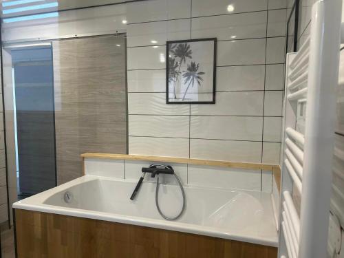 奥比格诺克La Salamandre de l Olivier - Le Laurier的浴室设有浴缸和淋浴。