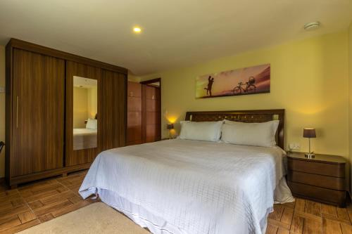 里约达斯弗洛雷斯Kings International Hotel的卧室配有一张白色大床和镜子