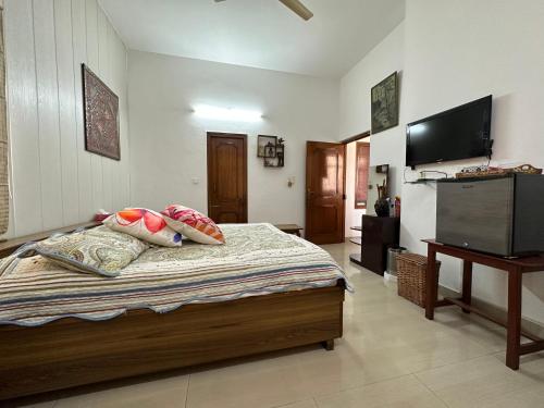 钱德加尔Luxurious Homestay- Chandīgarh的一间卧室配有带枕头的床铺和电视。