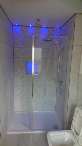 奥本Sea Breezes的浴室设有蓝色灯光淋浴。