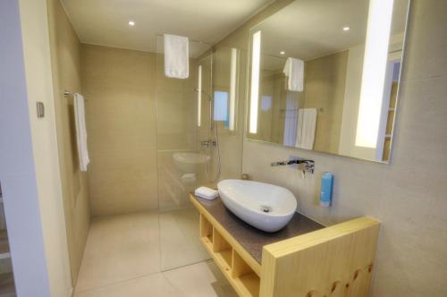 巴特迪尔海姆罗思勒酒店的浴室配有盥洗盆和带镜子的淋浴