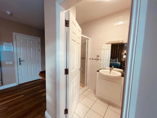 巴利纳斯洛Moycarn Lodge & Marina的白色的浴室设有水槽和卫生间。