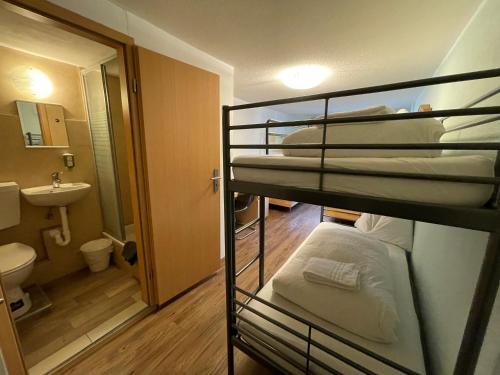 因特拉肯因特拉肯琳达酒店的带两张双层床和一间浴室的客房