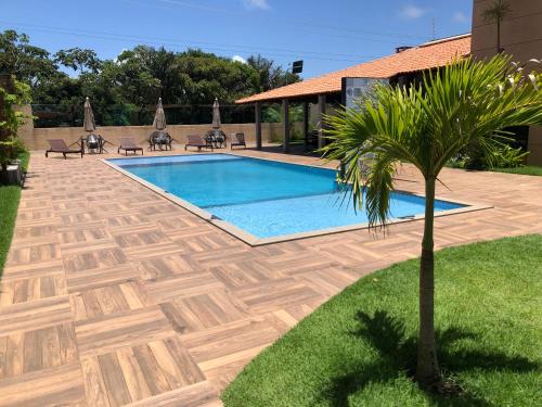 萨利诺波利斯Cantinho do Atalaia à 650 metros da praia - Seu conforto fora de casa的庭院中棕榈树的游泳池