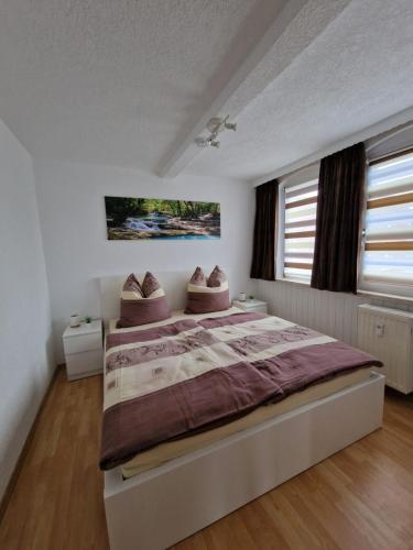BurkhardtsdorfFerienwohnung Haus Sonnenblick的一间卧室配有一张大床和两个枕头