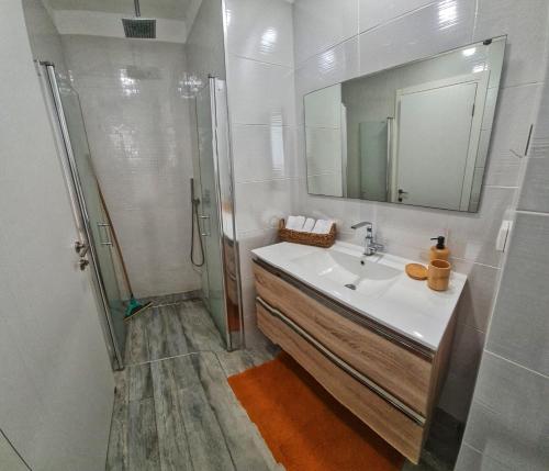 提比里亚Ben house的浴室配有盥洗盆和带镜子的淋浴