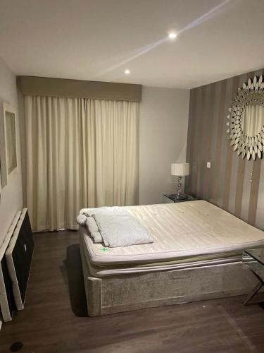 史丹摩Luxurious Furnished Property的一间卧室配有一张大床和镜子