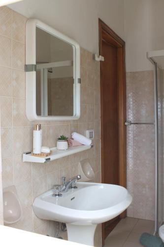 卡拉古诺内Piccolo Hotel Nuova gestione的一间带水槽、镜子和淋浴的浴室