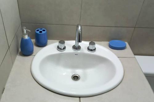 Salto de las RosasCabaña de campo La Tabanerina的浴室内配有白色水槽和蓝色瓶子