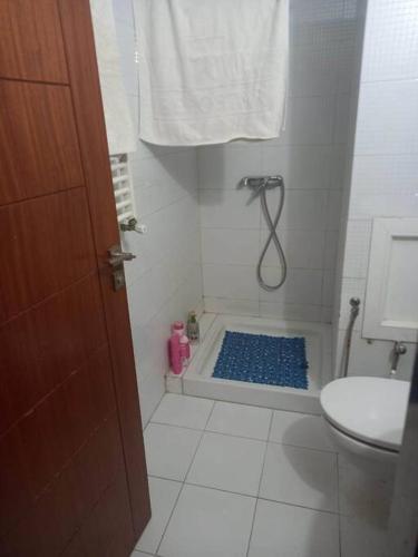 突尼斯Appartement plein Centre Urbain的带淋浴的浴室(铺有蓝色地板)