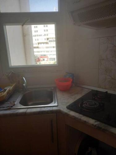 突尼斯Appartement plein Centre Urbain的厨房配有水槽、炉灶和窗户。