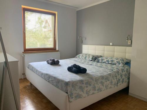 Bled-RečicaLa casa verde的一间卧室,配有一张带两个黑袋的床