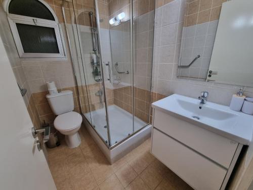 帕福斯Diamond Sea View Penthouse的带淋浴、卫生间和盥洗盆的浴室