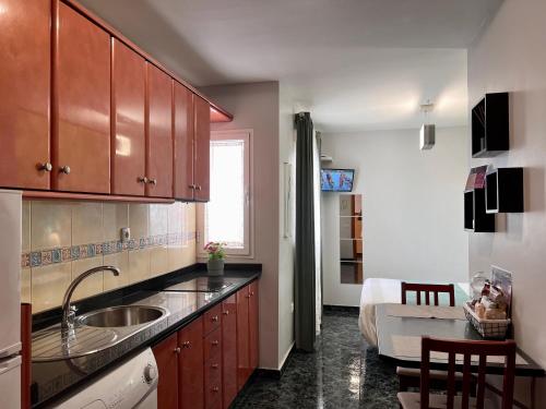 维辛达里奥Estudios Dalia的一个带水槽的厨房和一张位于客房内的床