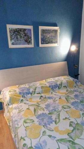 罗迪-加尔加尼科CASA FIORITA的卧室内的一张床铺,卧室内有蓝色的墙壁