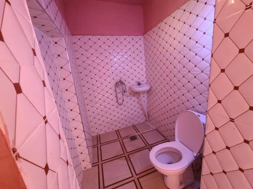 拉拉塔可库斯特Dar de l'Atlas的粉红色的浴室设有卫生间和水槽