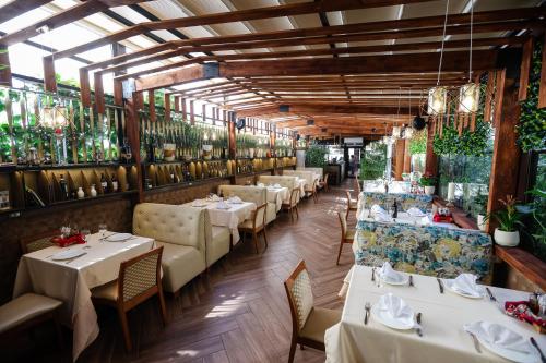 地拉那Vila Ferdinand Modern Rooms In Tirana's Center的一间设有白色桌椅的餐厅,种植了植物