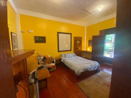 麦克坦德尔马尔别墅的一间卧室设有一张床和黄色的墙壁