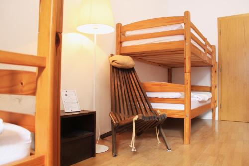 罗格坡曼戈唐Hostel Kronotop in Triglav National Park的配有双层床、椅子和梯子的房间