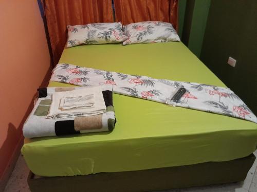 阿卡西亚斯Hotel Mar Azul的一张绿色的床,上面有书