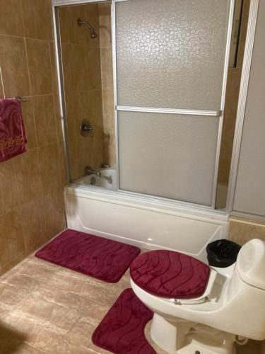 拉纳韦贝PearlieRon Place的浴室设有卫生间和红色垫子的浴缸。