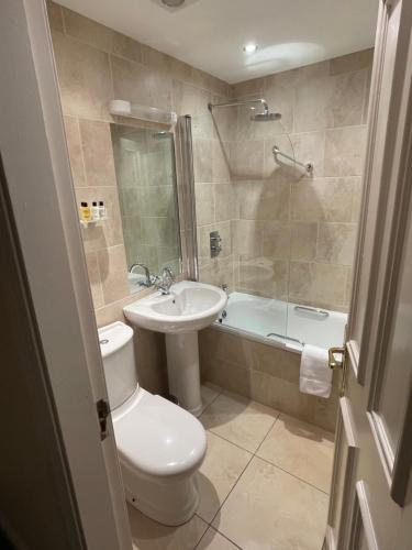 波塔费里The Portaferry Hotel的浴室配有卫生间、盥洗盆和淋浴。