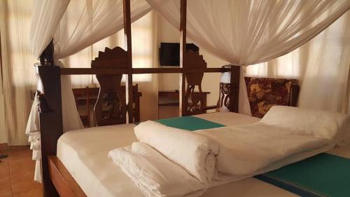 姆特瓦拉Southern Cross Hotel Mtwara的一间卧室配有两张床和一张天蓬床。