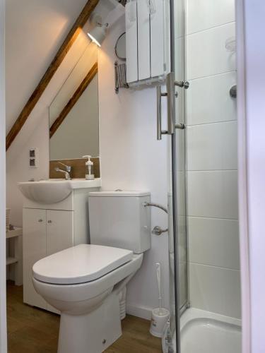 索波特Stylowy pokój dla dwojga w zacisznej okolicy的一间带卫生间和水槽的浴室