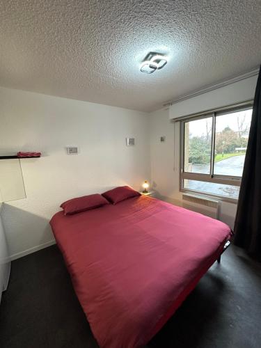 帕雷·勒·毛尼尔Les Logis de Paray Appartement n1的一间卧室设有一张红色大床和窗户