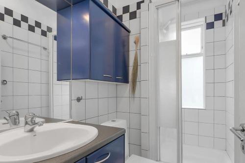 雷克雅未克Cosy apartment in the old west Reykjavik center的一间带水槽和蓝色橱柜的浴室