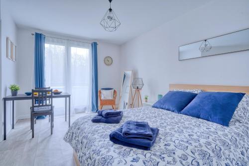 CourcouronnesLOGEMENT AARON的一间卧室配有一张带蓝色枕头的床。