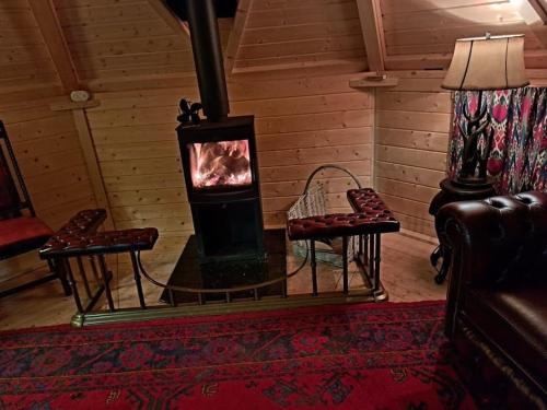 Rushton SpencerAntler Lodge的一个带两把椅子的房间的燃木炉