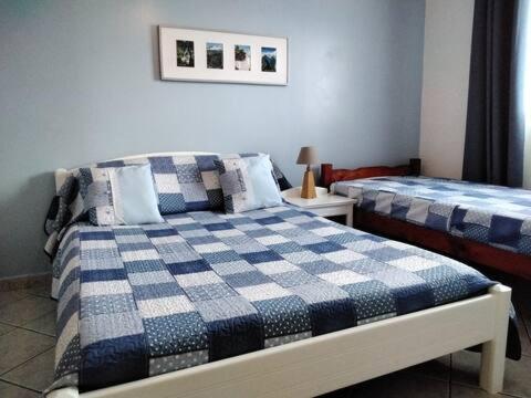 Le GuillaumeChambre d'hôte Magdeleine的一间卧室配有两张带蓝白色床单的床