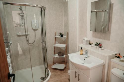 锡斯凯尔6 Burnett by Prestige Properties SA的带淋浴和盥洗盆的浴室