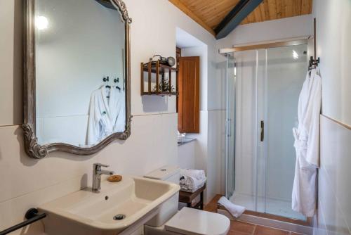欧罗尔O Viso Ecovillage - Hotel Ecologico Vegano的一间带水槽和淋浴的浴室