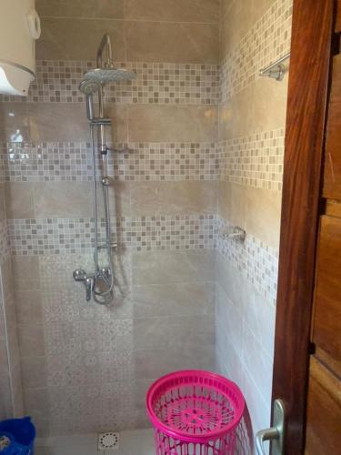 达喀尔Résidence Hadja 02的带淋浴的浴室和粉红色篮子