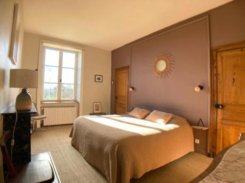 Lignieres-OrgeresMaison d'hôtes La Doucelle的卧室配有一张床,墙上设有镜子