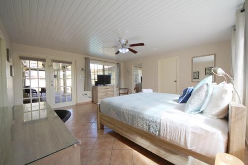 努尔德棕榈滩日落别墅的一间卧室配有一张床和吊扇