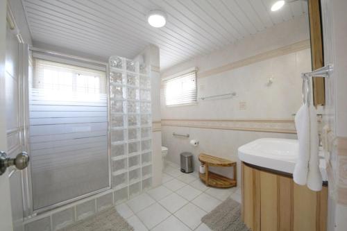 努尔德棕榈滩日落别墅的带淋浴、盥洗盆和卫生间的浴室